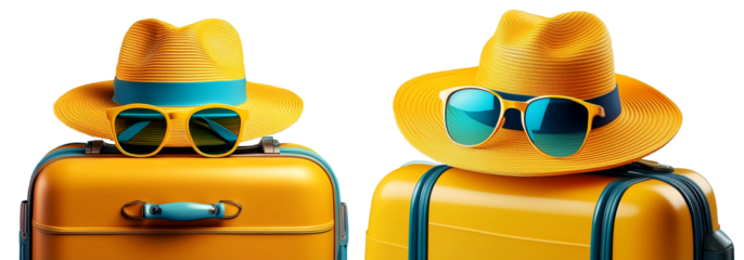 Orange, yellow, blue and black suitcase or luggage bag with straw hat and sunglasses isolated on transparent or white background, collection and variation. Png. Generative Ai.