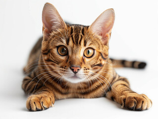 Obraz premium Bengal Cat Relaxing on White Background in Indoor Setting During Daylight