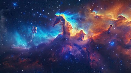 Fototapeta premium Vibrant cosmic nebula with swirling colors of blue, orange, and purple, showcasing the beauty of the universe.