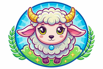 Cute Cartoon Sheep with Golden Horns in a Blue Circle