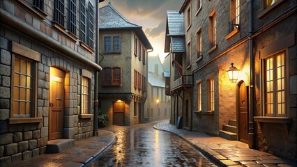 Fototapeta premium Narrow, winding streets of an old European village with rain-soaked cobblestones reflecting street lamps.