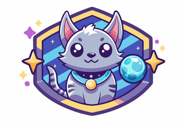 Obraz premium Cute Cartoon Cat Holding a Blue Sphere in a Starry Shield