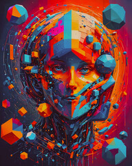 3d rendering of a female cyborg face with colorful abstract background