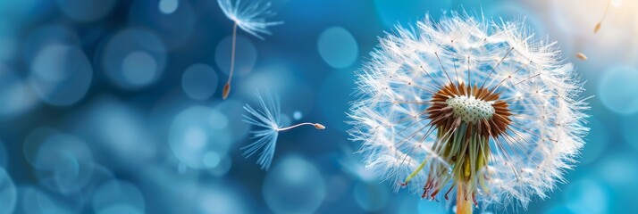 Obraz premium Dandelion Seeds Blowing in Wind on Delicate Blue Bokeh Background, Nature Beauty, Macro Photography