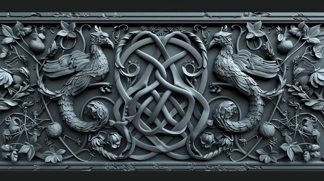 A detailed 3D relief design of birds and flowers was created using a zbrush with a black metal finish.