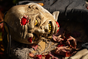 Halloween monster decorations. Halloween pumpkin and skeleton for decorated house. Scary zombie...