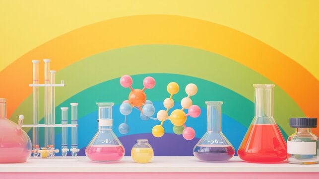 A vibrant chemistry lab scene with colorful flasks and molecular models against a rainbow backdrop, showcasing the fun of science.