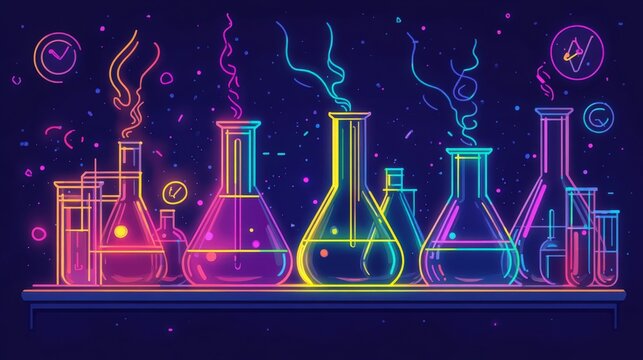 Colorful illustration of laboratory glassware with smoke and bubbles, perfect for science-themed projects and educational use.