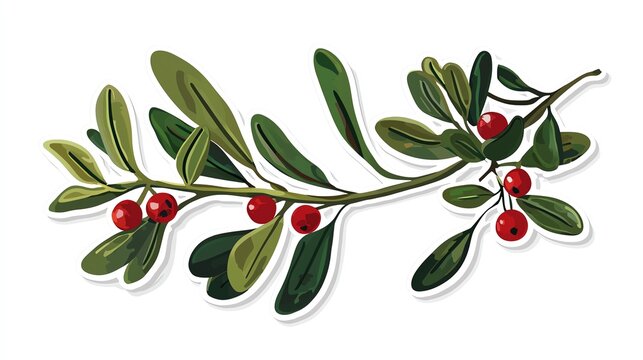 Hand-drawn holly sprig with red berries and green leaves. Isolated sticker on white background.