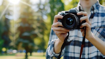 Young man holding a camera at the park, world photographer day concept