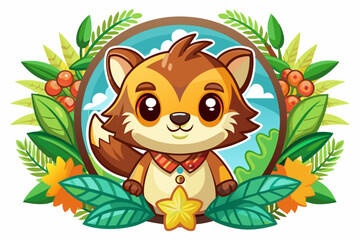 Cute Cartoon Wolf with Floral Frame