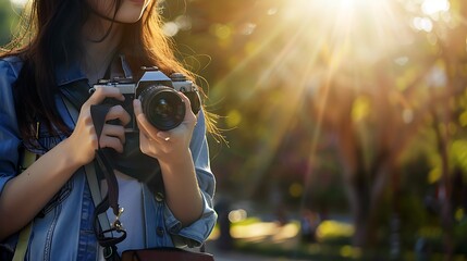 Woman holding a camera at the park, world photographer day concept