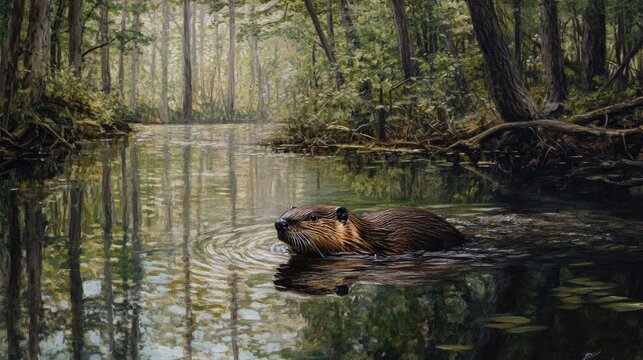 A lonely beaver swimming in a forest stream, with the forest canopy reflected in the water.