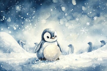 A cute penguin stands amidst soft snowflakes in a winter wonderland, surrounded by fellow penguins in this enchanting illustration.