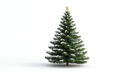 Isolated snowy Christmas tree with a golden star on top.