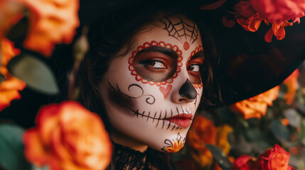 A woman with Day of the Dead face paint, wearing a large hat and orange roses in her hair, embodies the Day of the Dead and Mexican carnival theme. The vibrant scene captures the festive, cultural cel