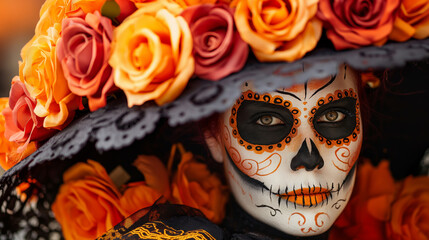 A woman with Day of the Dead face paint, wearing a large hat and orange roses in her hair, embodies the Day of the Dead and Mexican carnival theme. The vibrant scene captures the festive, cultural cel