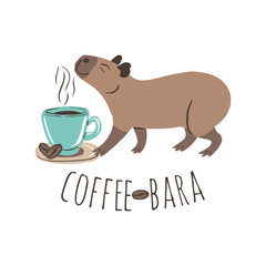 Funny Capybara with cup of cappuccino coffee and coffee beans illustration. Cute jungle animal with quote Coffeebara