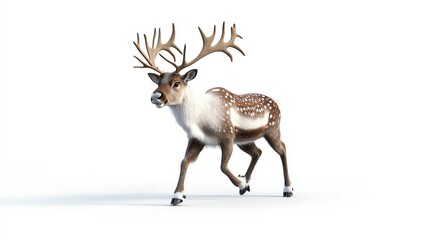 A reindeer with large antlers walks on a white background.