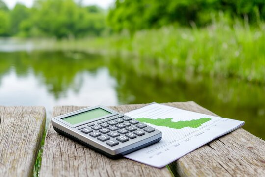 Calculator and Graph on Wooden Deck Overlooking Tranquil Lake in Lush Green Nature - Powered by Adobe