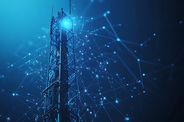An abstract digital background featuring a 5G tower, highlighted by connecting data points in blue and black colors