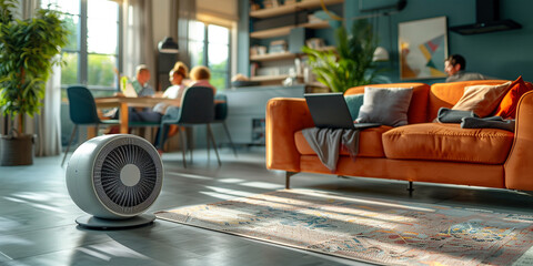a family in their living room cooling off next to an electric fan