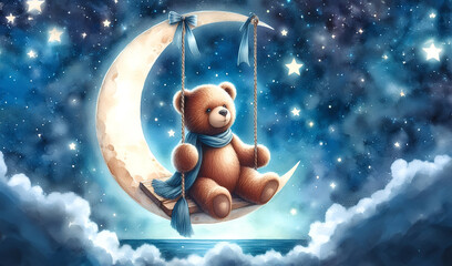 Fototapeta premium Watercolor painting of a teddy bear sitting on a swing swinging on a crescent moon