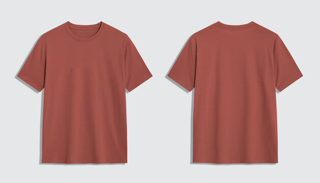 Front and back views of a blank terracotta t shirt mockup.