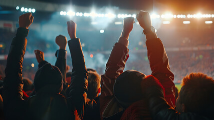 Excited crowd in stadium wearing red and white with scarves cheering for home team.