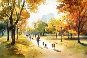 A vibrant autumn scene with people walking their dogs in a park, surrounded by colorful trees and a bright skyline.