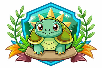 Naklejka premium Cute Cartoon Turtle with a Yellow Spiked Shell Inside a Blue Shield with a Banner