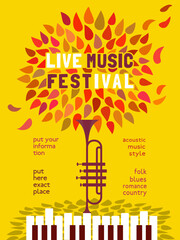 Fall Season Live Music Festival minimal design vector poster. Piano, trumpet silhouette, falling leaves cartoon illustration. Autumn Vibes Music Fest performance, outdoor event celebration background