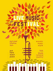 Fall Season Live Music Festival minimal design vector poster. Piano, trumpet silhouette, falling leaves cartoon illustration. Autumn Vibes Music Fest performance, outdoor event celebration background