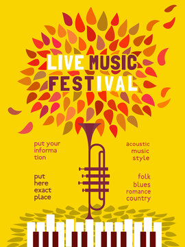 Fall Season Live Music Festival minimal design vector poster. Piano, trumpet silhouette, falling leaves cartoon illustration. Autumn Vibes Music Fest performance, outdoor event celebration background