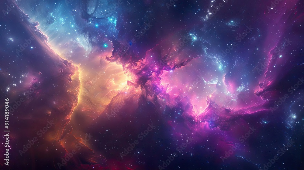 Poster a stunning cosmic scene showcasing vibrant colors and ethereal clouds of gas and dust in the vastnes