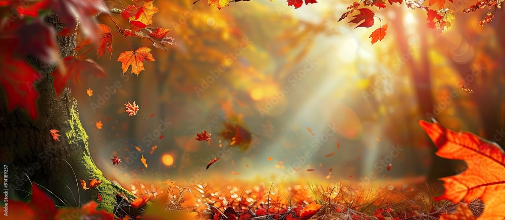 Poster Vibrant fall foliage in the forest creating a picturesque setting with a copy space image