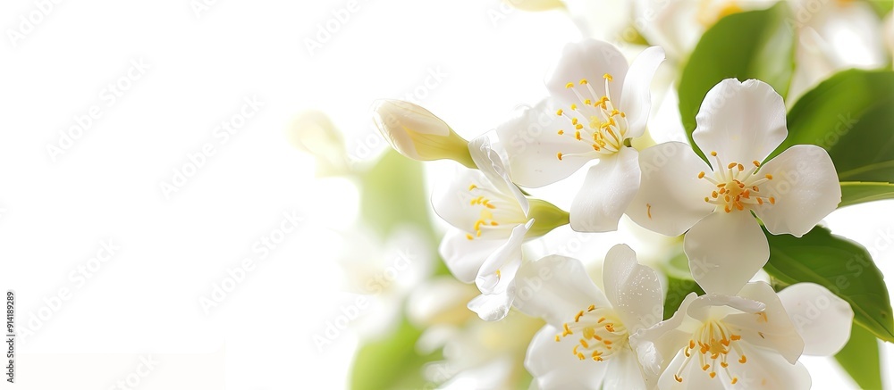 Poster close up of lovely jasmine blossoms against a white backdrop with room for text in the image. copy s