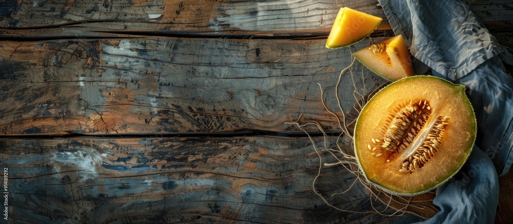 Poster fresh melon charentais a sweet fruit is displayed as a snack on a rustic table with a food backgroun