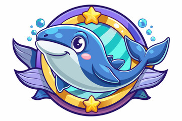 Fototapeta premium Cartoon Blue Whale with Star and Bubbles in a Circular Frame
