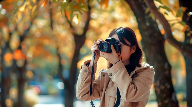 Young woman using SLR camera at the park, world photographer day concept