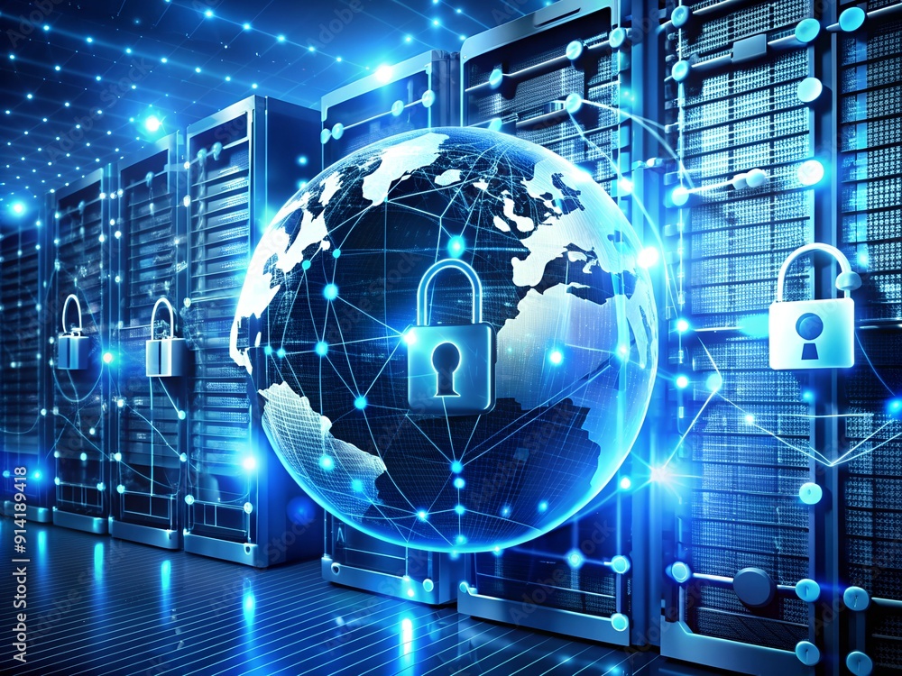 Aufkleber the world is floating in the digital universe. the concept of protecting global network data.