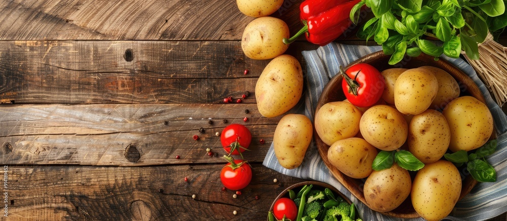 Poster fresh vegetables served next to potatoes on a rustic table setting with a top view suitable for keto