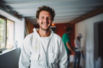 Obraz premium Portrait of a young smiling house painter refurbishing