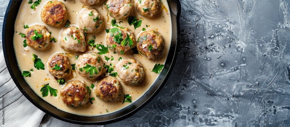 Poster swedish meatballs in creamy sauce on a skillet against a gray backdrop seen from above with space fo
