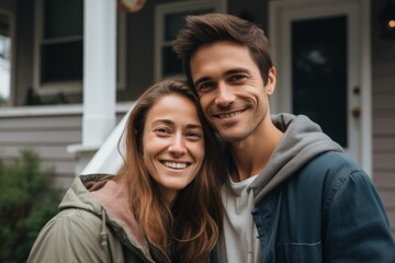 Portrait of a smiling young American couple in front of house