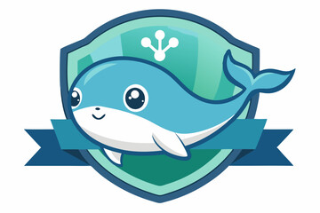 Cute Cartoon Whale in a Shield with a Ribbon