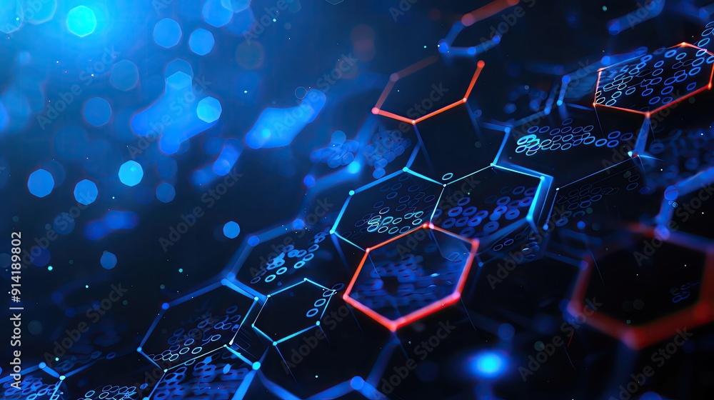 Poster Futuristic hexagonal pattern with glowing elements, showcasing a blend of technology and digital aesthetics.