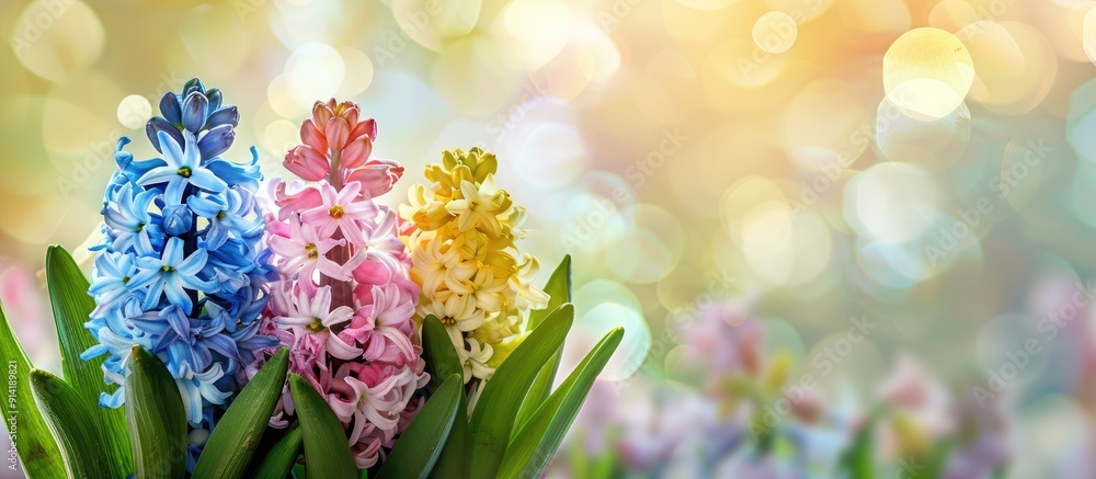 Poster A charming trio of colorful hyacinths in a spring themed arrangement with a blurred background emphasizing the copy space image