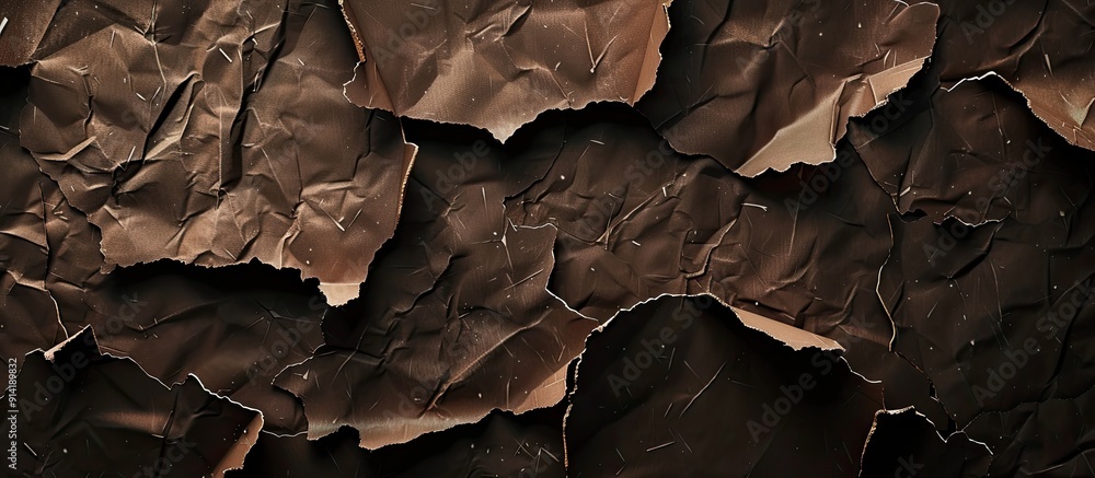 Poster torn recycled paper pieces in dark brown colors isolated on a black background with copy space image
