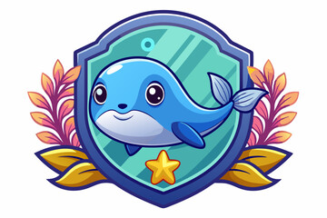 Fototapeta premium Cute Cartoon Whale Inside a Shield with a Star and Floral Decorations